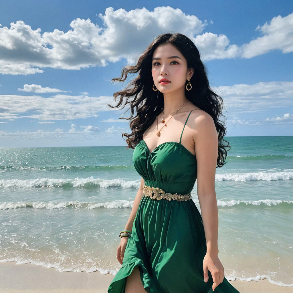 Young Woman in Green Dress on Sunny Beach Young Woman in Green Dress on Sunny Beach