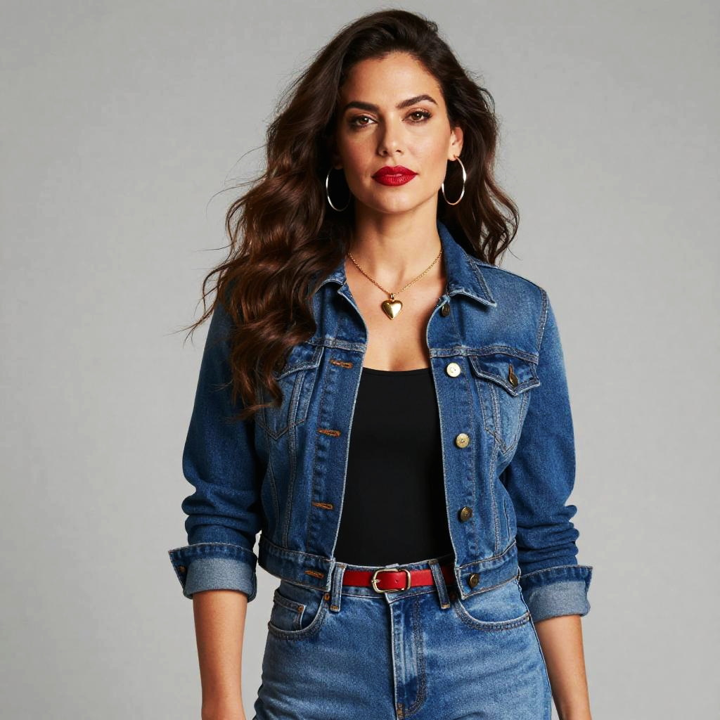 Confident Woman Wearing Denim Jacket and Jeans with Red Accessories