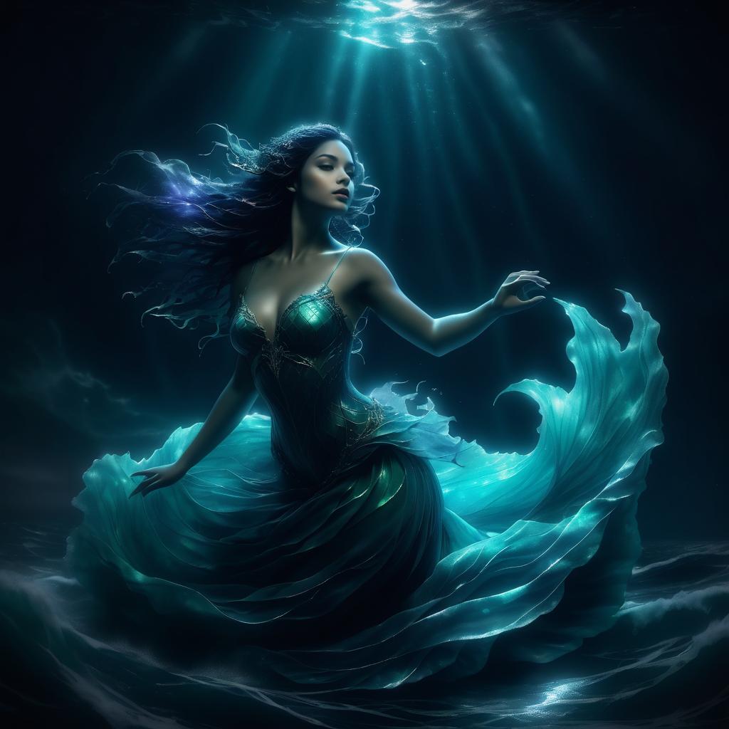 Mystical Underwater Scene with Woman in Teal Gown