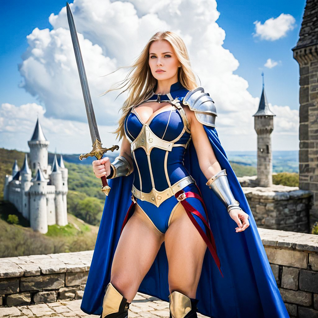 Confident Woman in Fantasy Armor on Castle Balcony