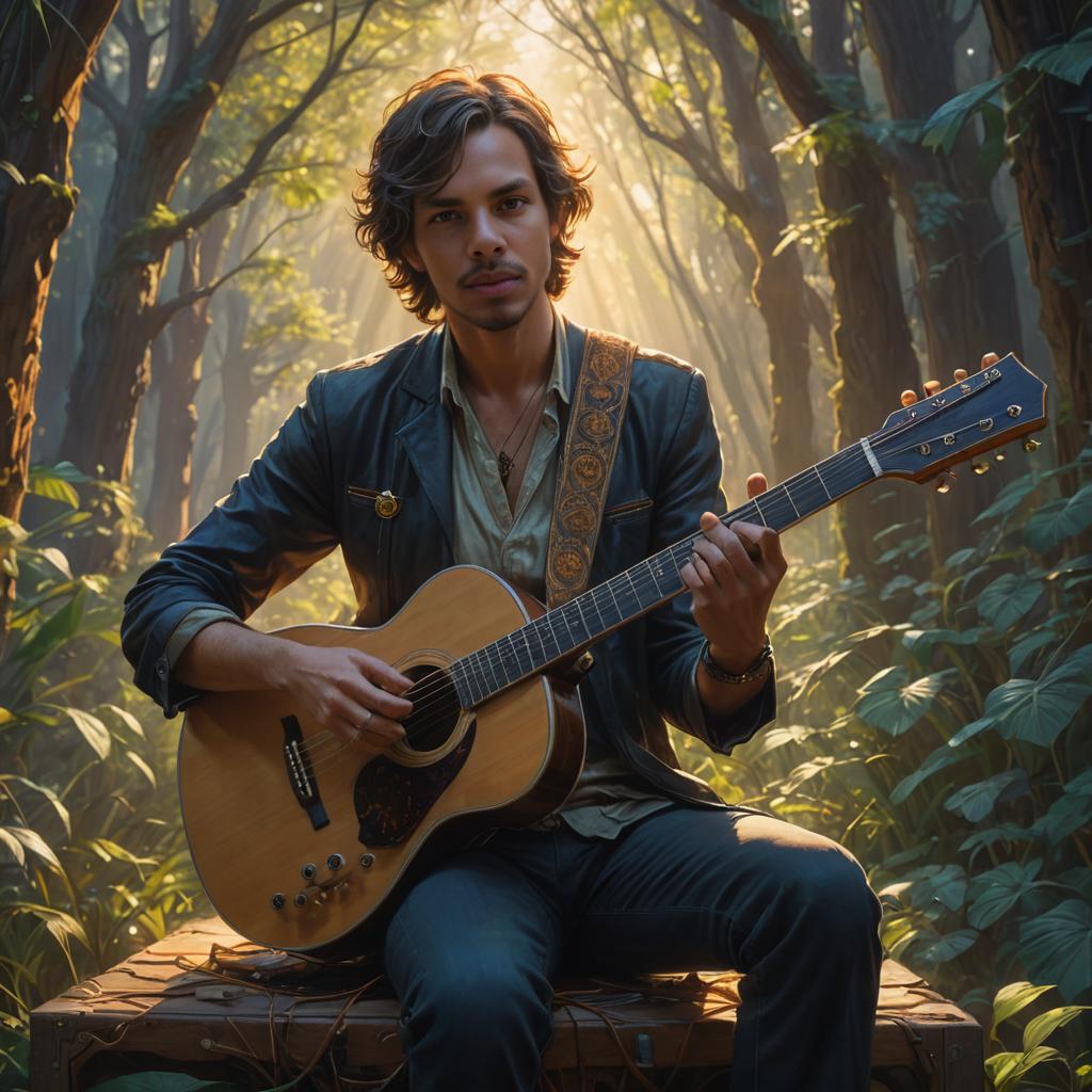 Mysterious Man Playing Acoustic Guitar in Forest