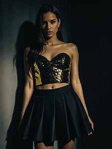 Woman Wearing Contemporary Strapless Sequined Bodice Party Top with Black Skirt