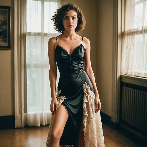 Elegant Woman in Black Satin Dress with Beige Lace Details