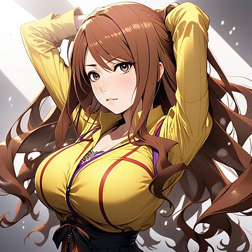 Anime Portrait of Young Woman in Yellow Jacket with Long Brown Hair