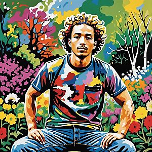 Colorful Pop Art Man Among Floral Abstracts
