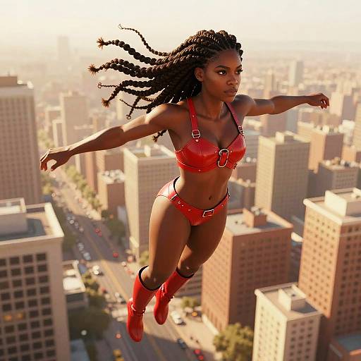 Woman in Red Leather Flying Over Cityscape With Braided Hair