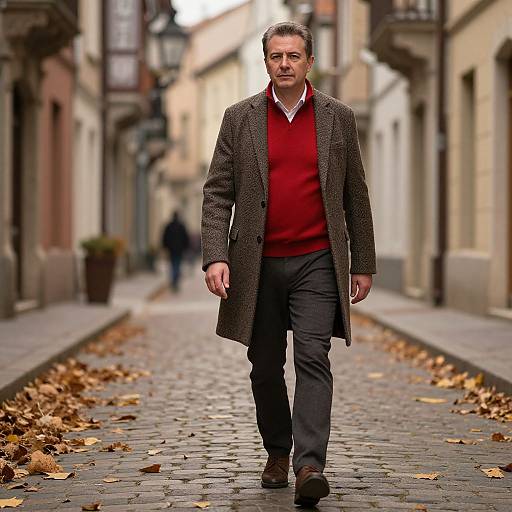 Man Walking on Cobblestone Street in Autumn Outfit