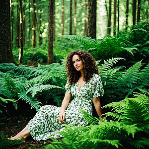 Woman in Floral Dress Amidst Lush Ferns