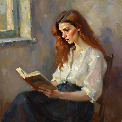Classical Oil Painting of Red-haired Woman Reading by Window