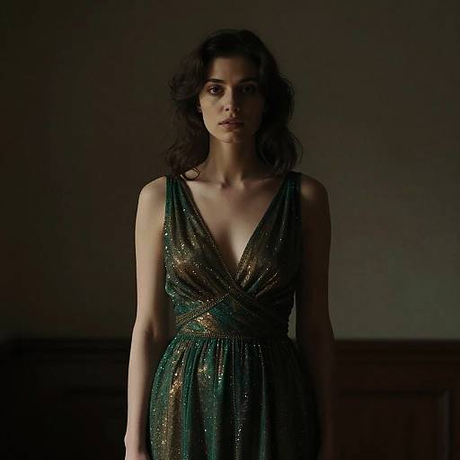 Woman in Sparkly Ariel Green Dress with Deep V-Neckline