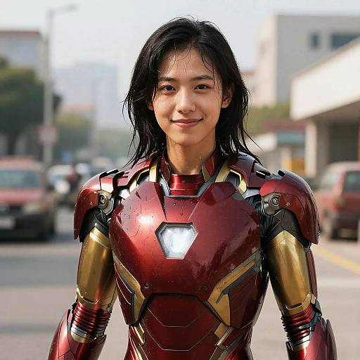 Young Woman Wearing Realistic Iron Man Suit on City Street