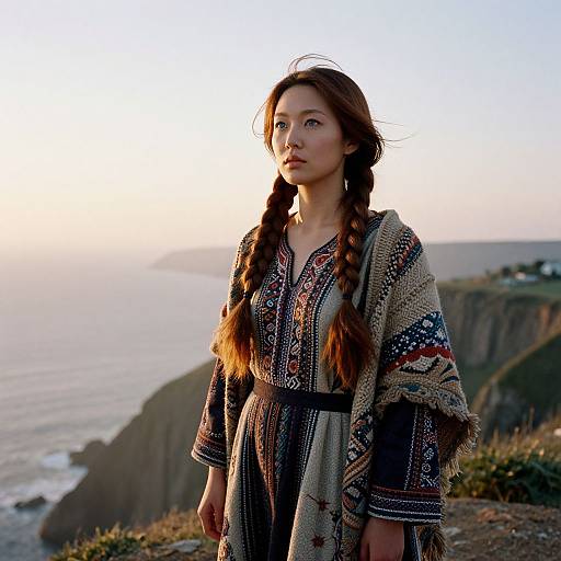 Woman in Bohemian Dress on Ocean Cliff at Sunset