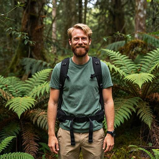 Bearded Man Hiking in Lush Green Forest with Backpack