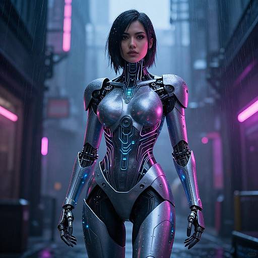 Cyberpunk Female Cyborg Robot in Neon Urban Alley