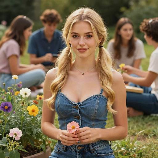Young Blonde Woman in Denim Outfit Holding Flower in Garden with Friends