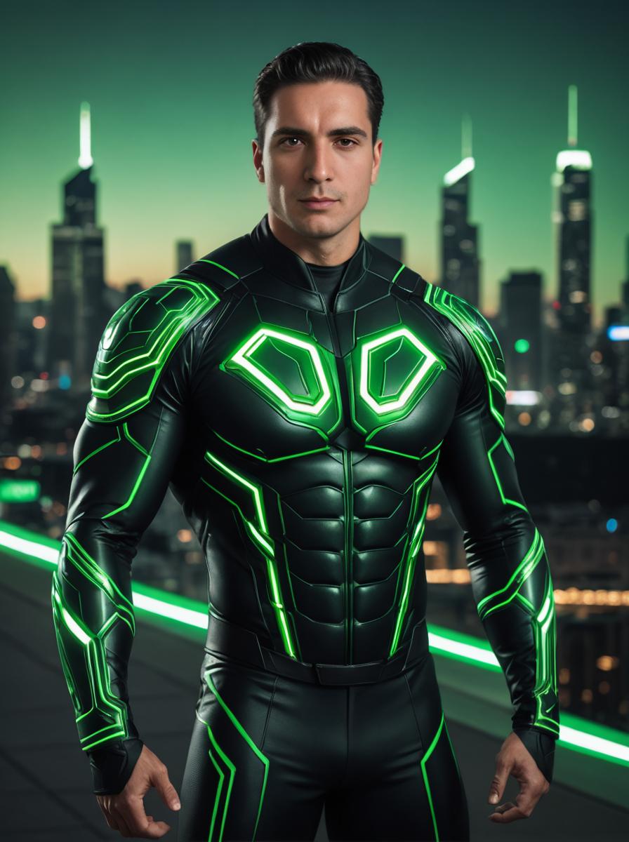 Futuristic Superhero in Green-Lit Suit Against City Skyline