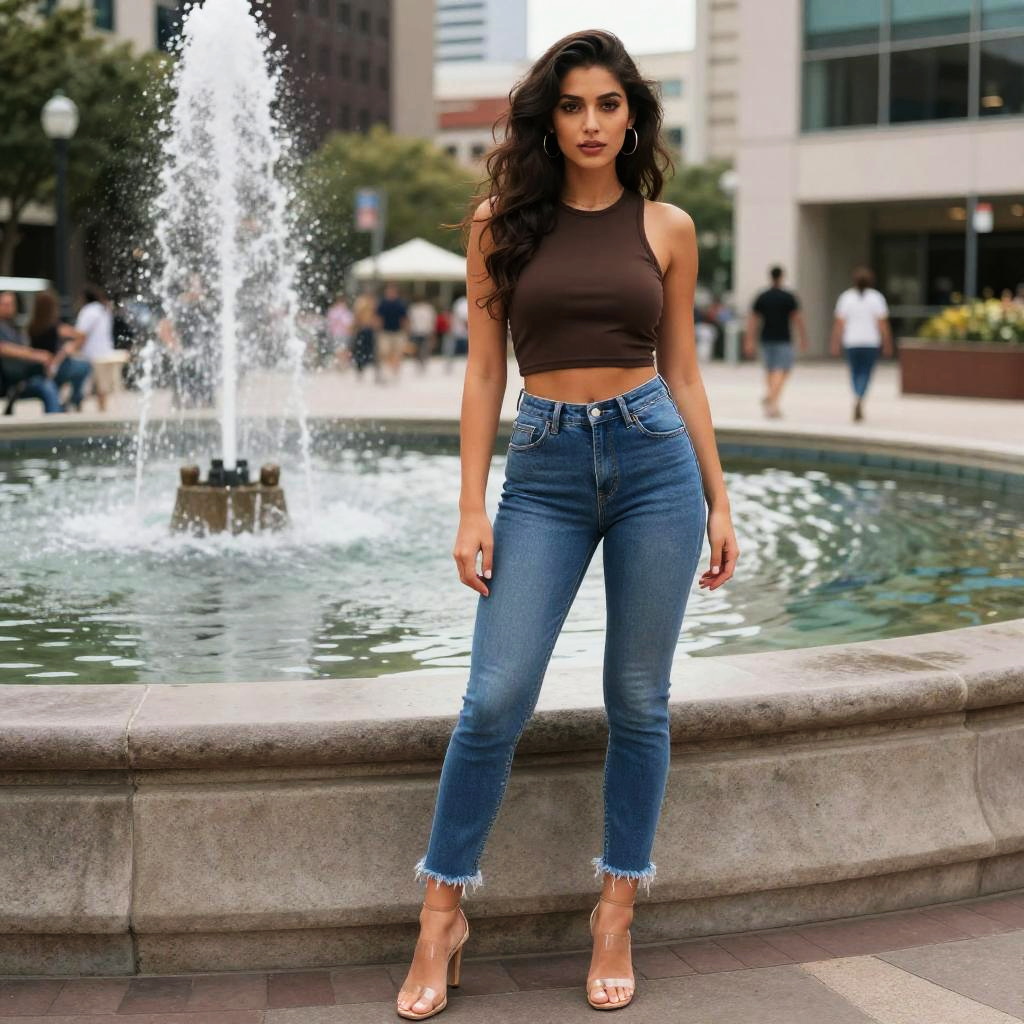 Toned Woman Wearing Chocolate Brown Sleeveless Crop Top in Hakusensha Style Outdoors