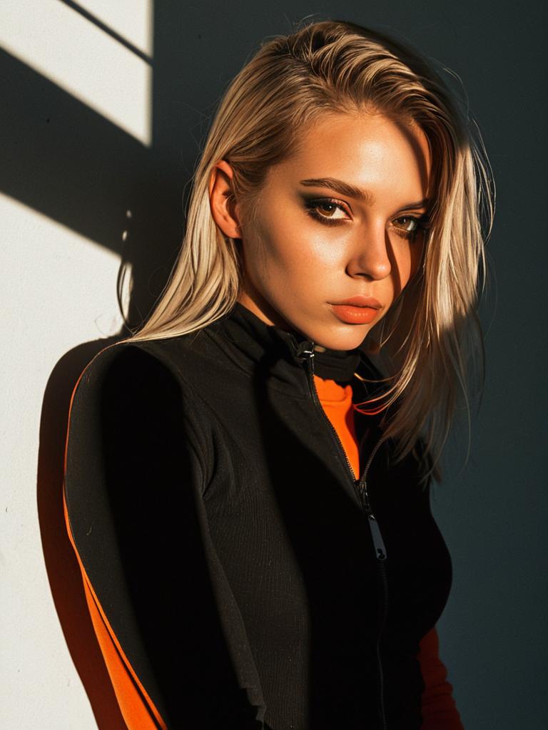 Portrait of Blonde Woman in Black and Orange Outfit with Dramatic Lighting