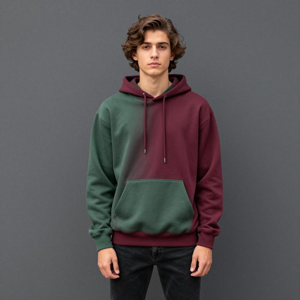 Young Man Wearing Two-Tone Green and Maroon Hoodie with Black Jeans