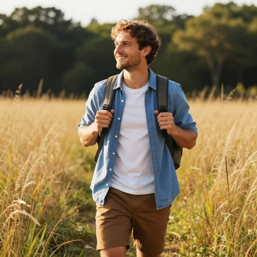 Young Man Hiking Outdoors in Grassy Field with Backpack