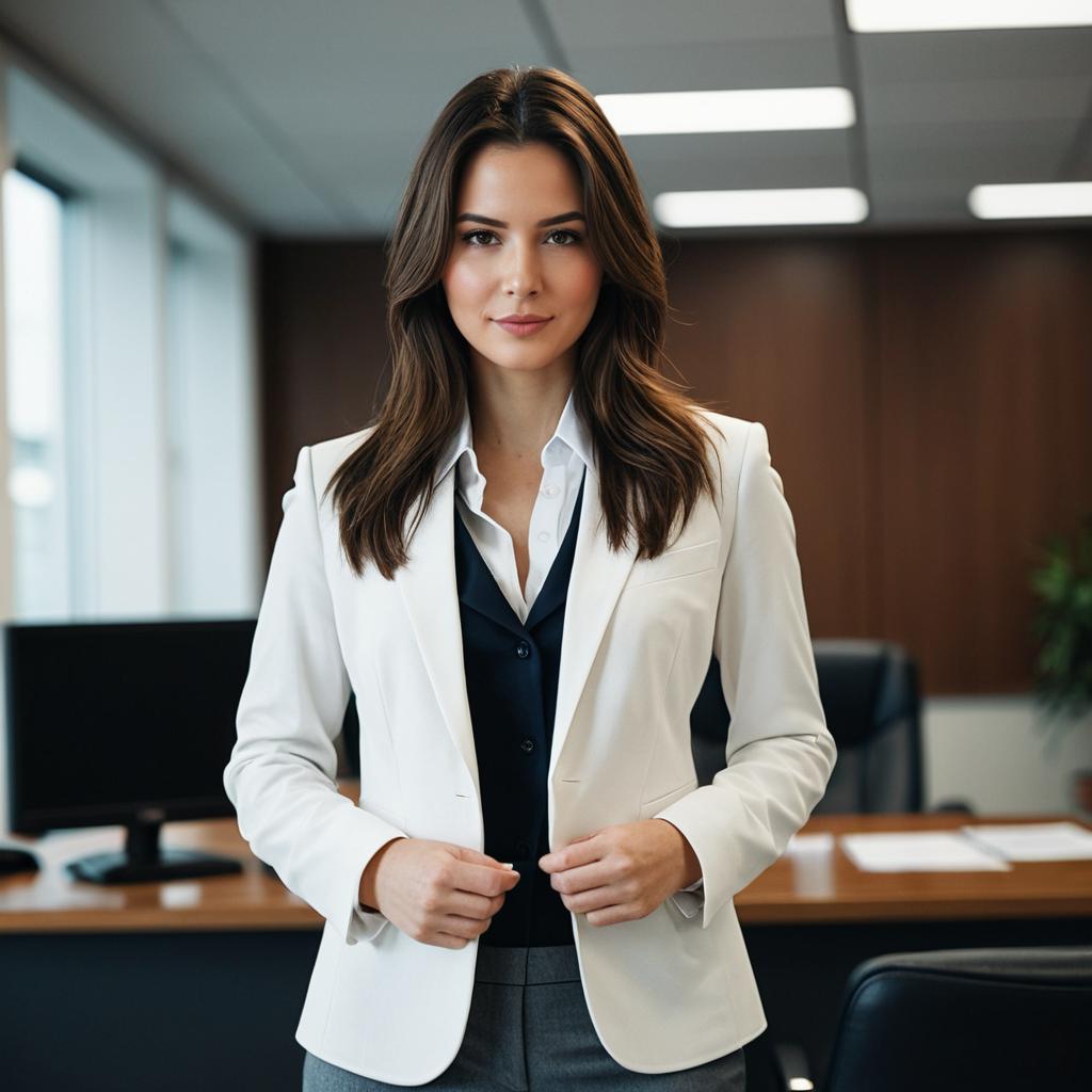 Confident Businesswoman in White Blazer in Modern Office