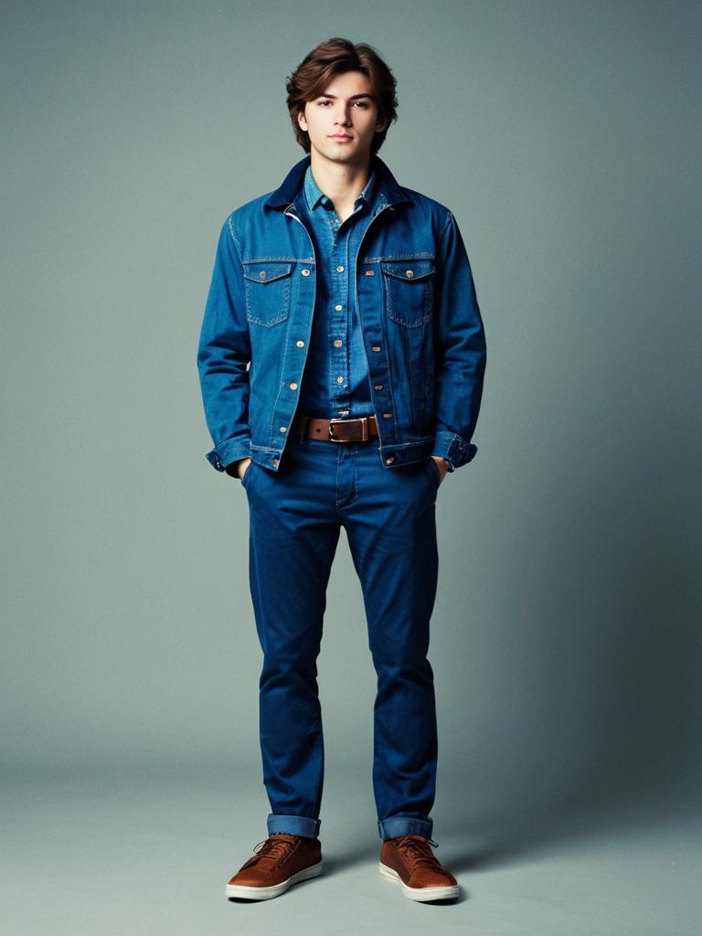 Young Man Wearing Blue Chinos and Denim Jacket Casual Outfit