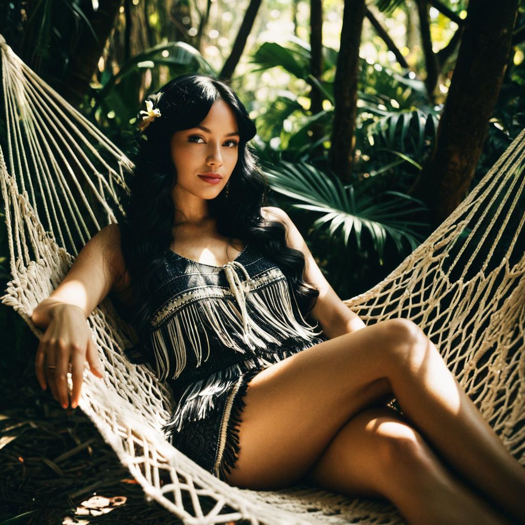 Woman Relaxing in Hammock Amidst Tropical Nature Bohemian Style