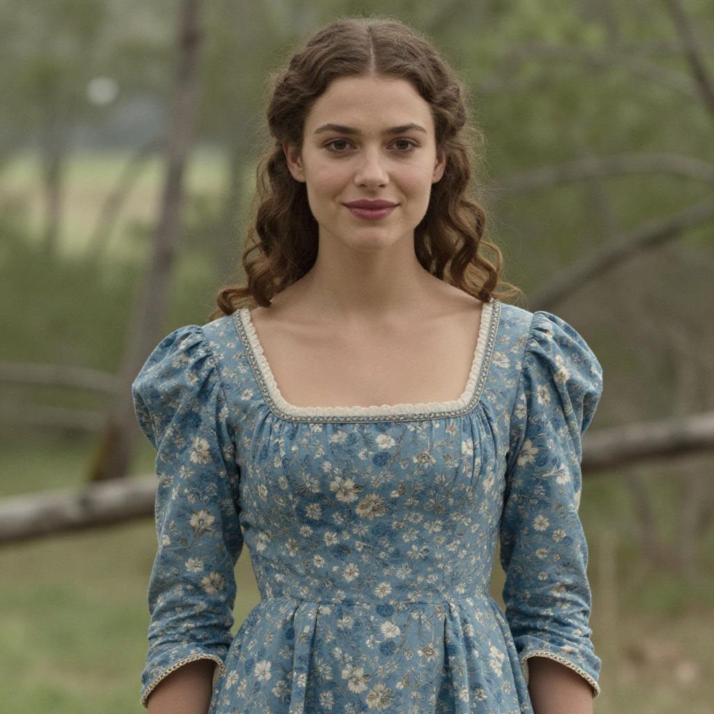 Young Woman in Vintage Blue Floral Dress Outdoors