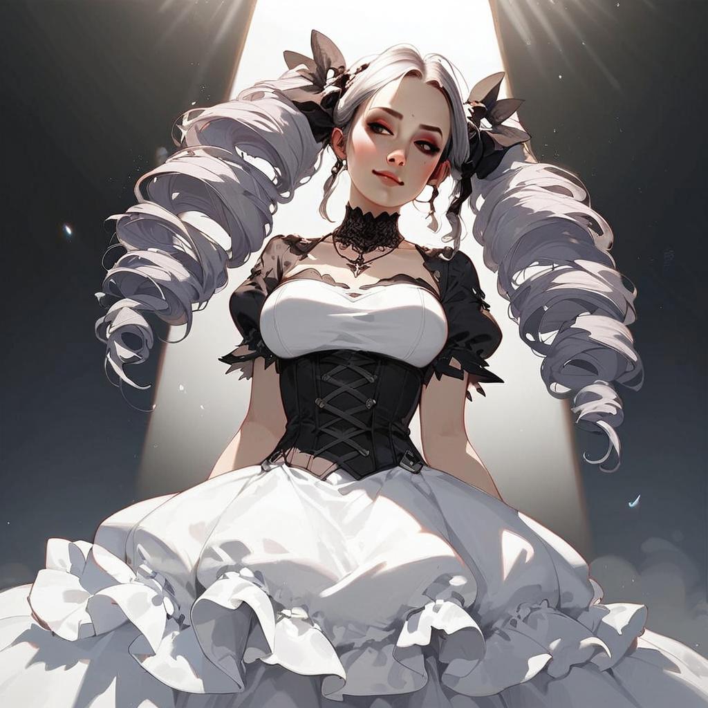Gothic Anime Woman with Silver Twin-Tails in Ruffled Dress Digital Art