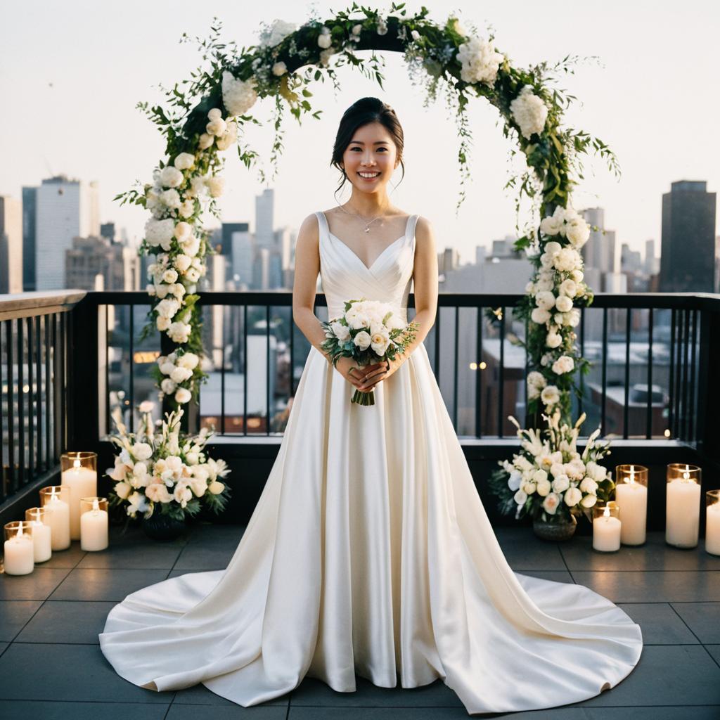 Bridal Portrait on Rooftop with Floral Arch and City Skyline