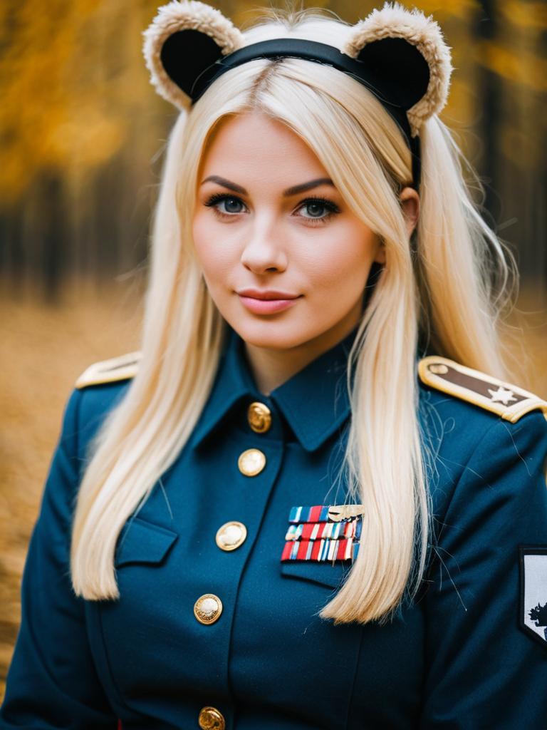 Young Woman in Military Uniform Wearing Bear Ears Headband in Autumn Forest