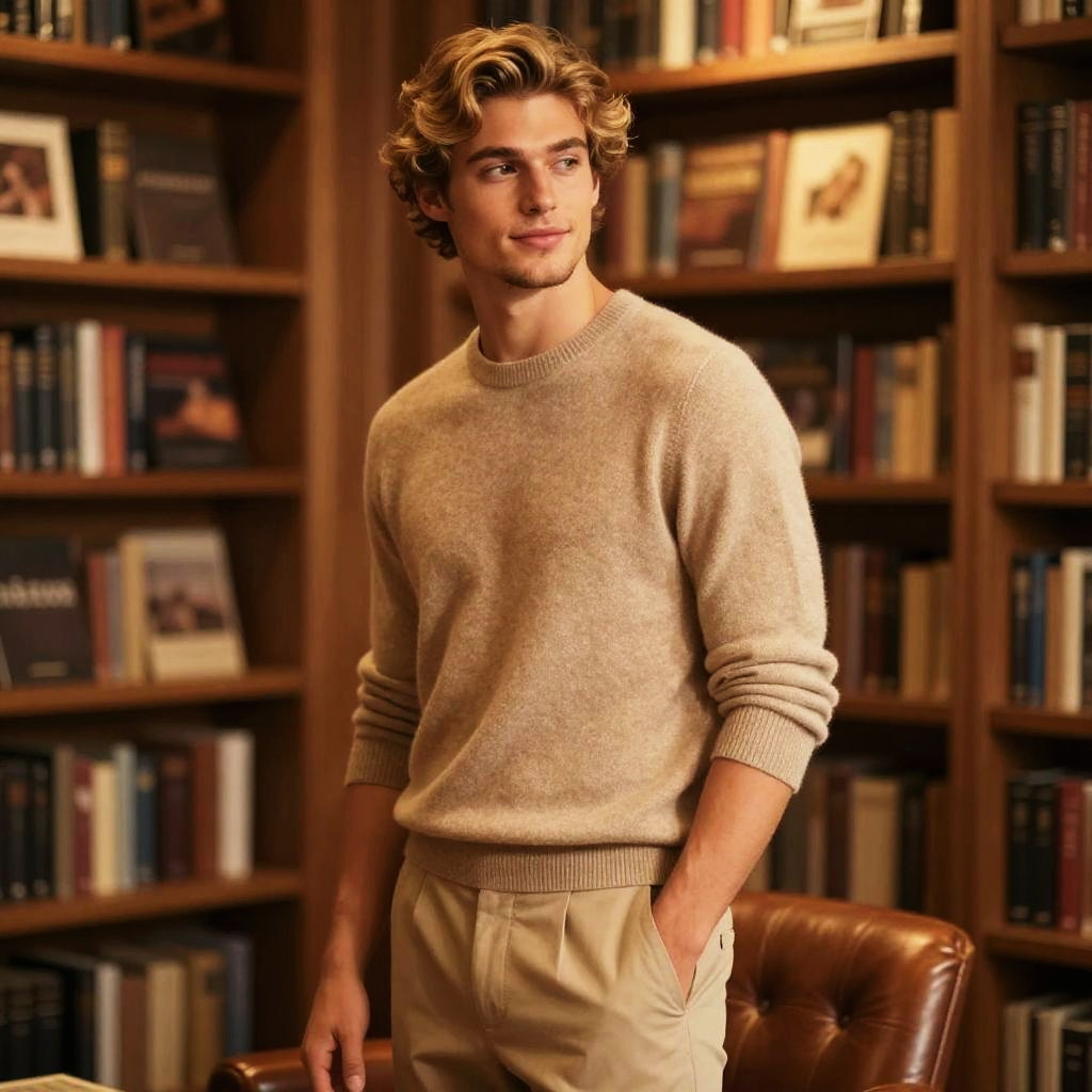 Gen Z Man in Beige Sweater in Cozy Library Fashion Style