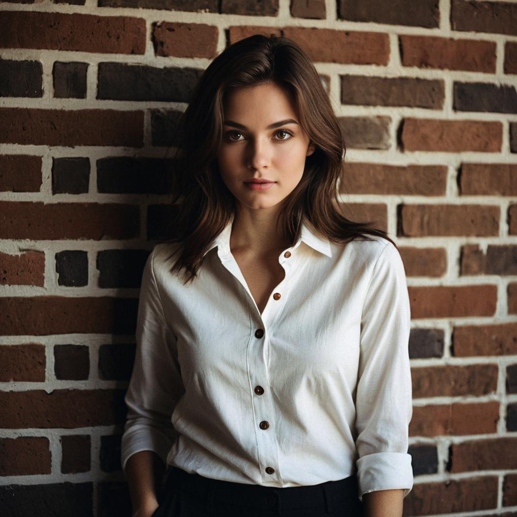 Portrait of Young Woman in White Shirt Against Brick Wall Portrait of Young Woman in White Shirt Against Brick Wall