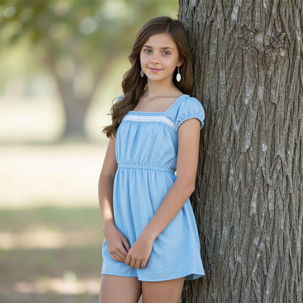 Young Girl in Blue Dress Leaning on Tree Outdoors