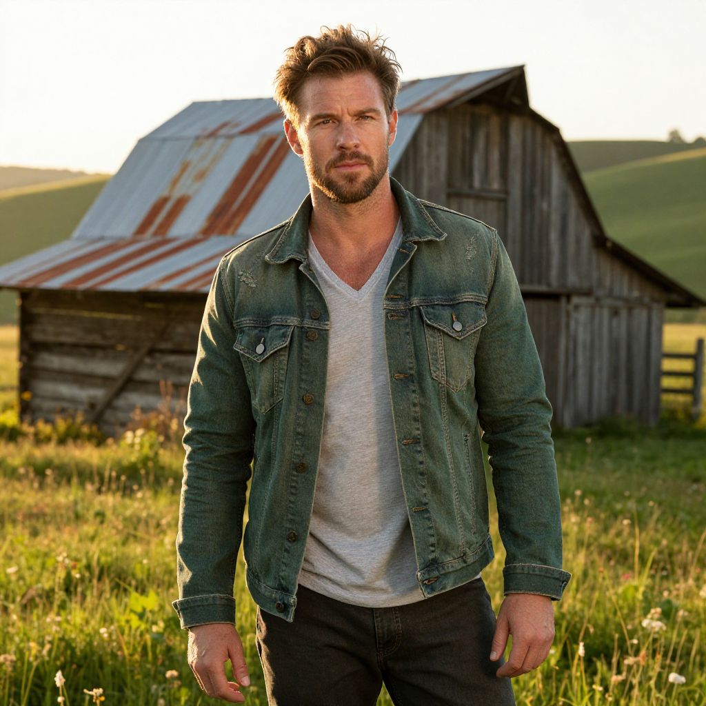 Man in Denim Jacket Standing by Rustic Barn in Countryside