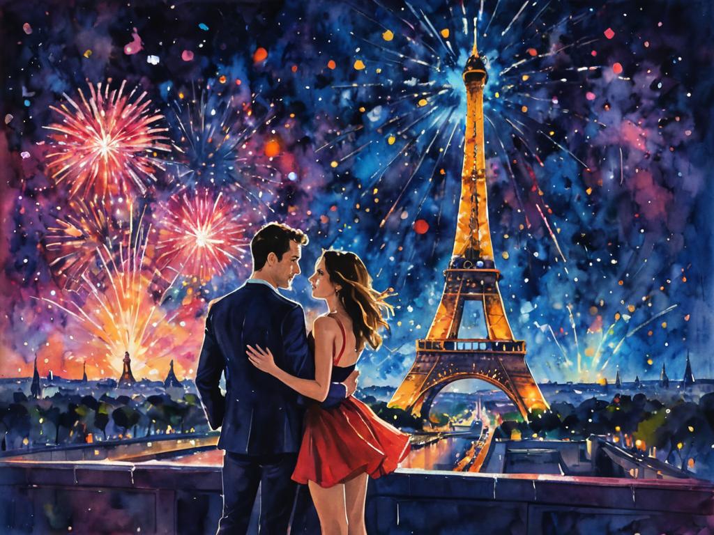 Romantic Couple at Eiffel Tower with Fireworks