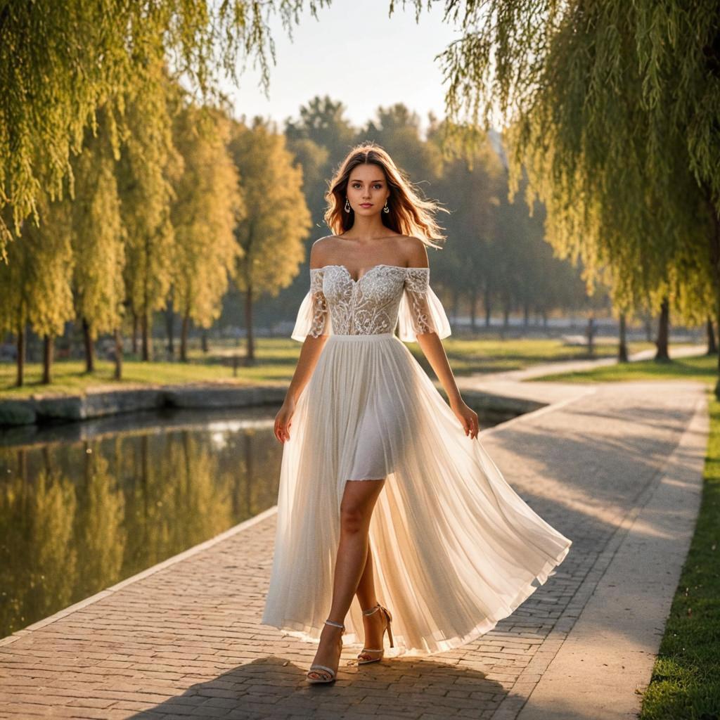 Elegant Woman in Flowing Gown on Scenic Path