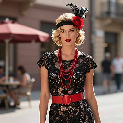 1920s Flapper Style Woman in Black Lace Dress with Red Accessories