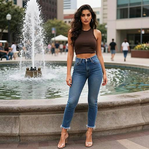 Toned Woman Wearing Chocolate Brown Sleeveless Crop Top in Hakusensha Style Outdoors