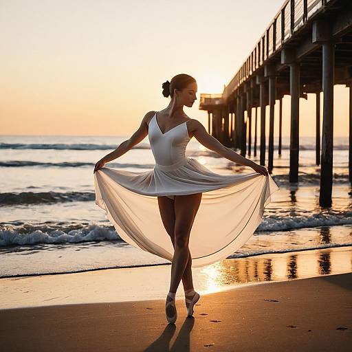 Ballet Dancer in White Dress Posing on Beach at Sunset Near Pier