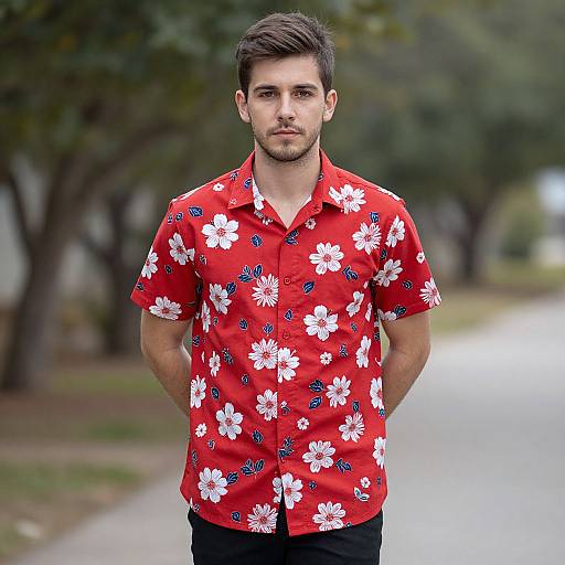 Young Man Wearing Red Floral Hawaiian Shirt Outdoors