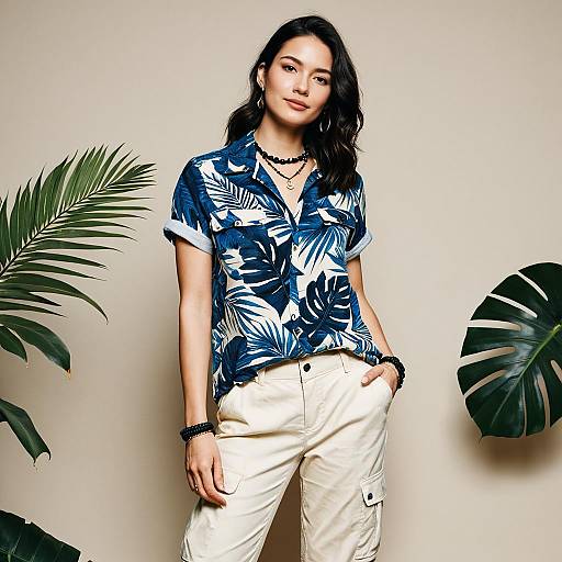 Casual Resort Style Woman in Blue Tropical Leaf Print Shirt with Short Cuffed Sleeves