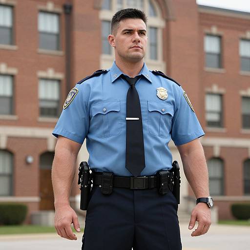 Confident Male Police Officer in Blue Uniform with Badge and Equipment Belt
