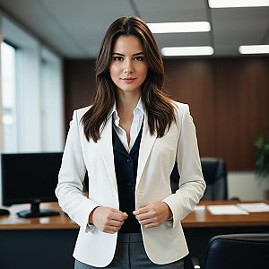 Confident Businesswoman in White Blazer in Modern Office