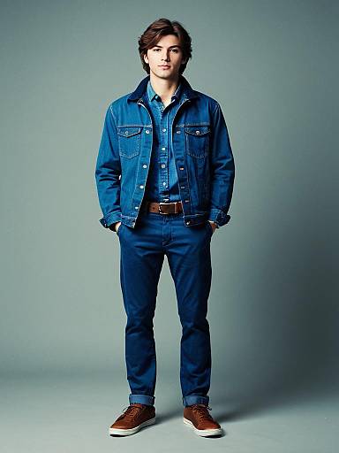 Young Man Wearing Blue Chinos and Denim Jacket Casual Outfit