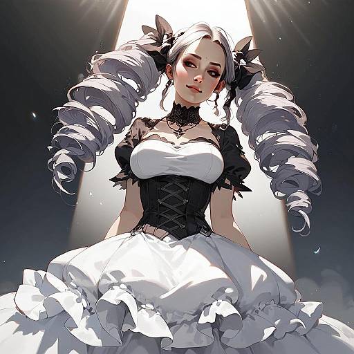 Gothic Anime Woman with Silver Twin-Tails in Ruffled Dress Digital Art