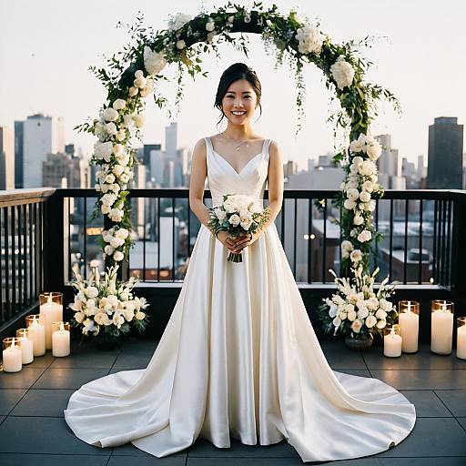 Bridal Portrait on Rooftop with Floral Arch and City Skyline