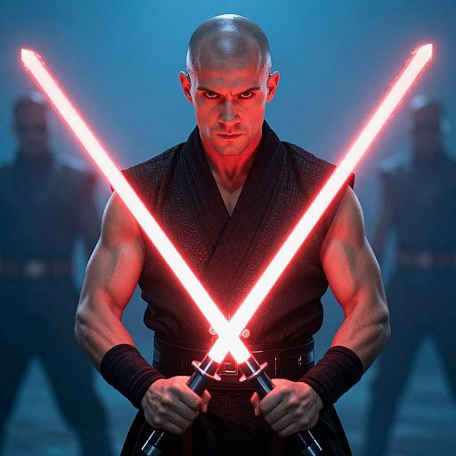 Warrior Man with Crossed Red Lightswords in Futuristic Setting