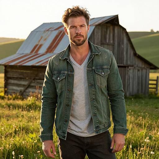 Man in Denim Jacket Standing by Rustic Barn in Countryside