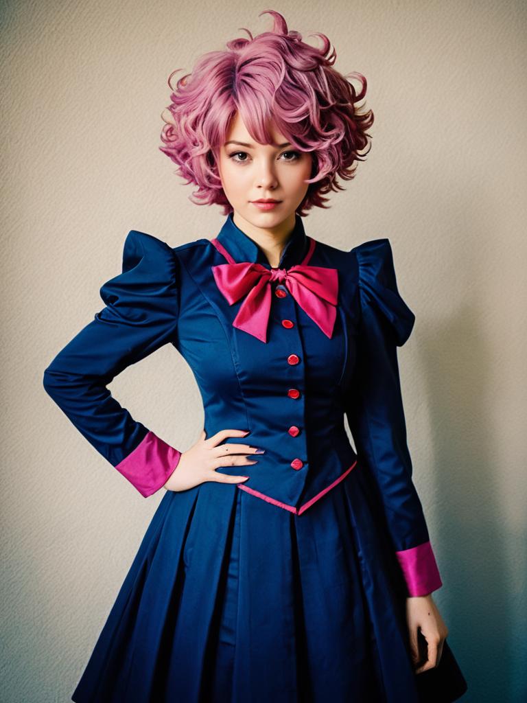 Realistic Mina Ashido Cosplay Woman in Navy Blue Dress with Pink Wig